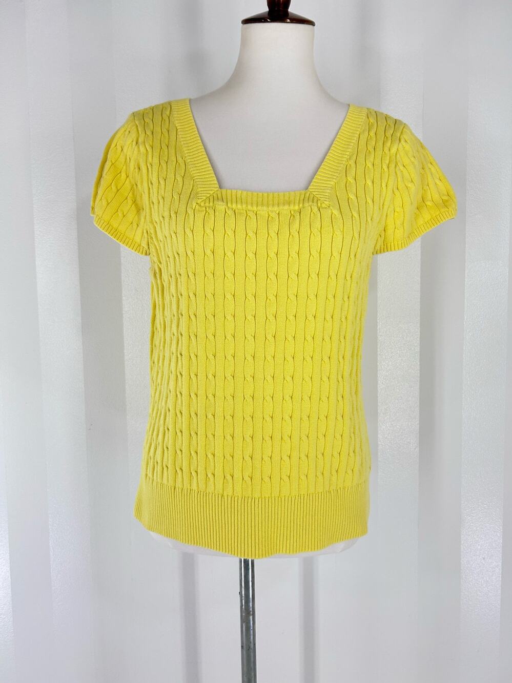 Pria Bright Yellow Cable Knit Square Neck Short Sleeve Sweater Coastal Sz XL